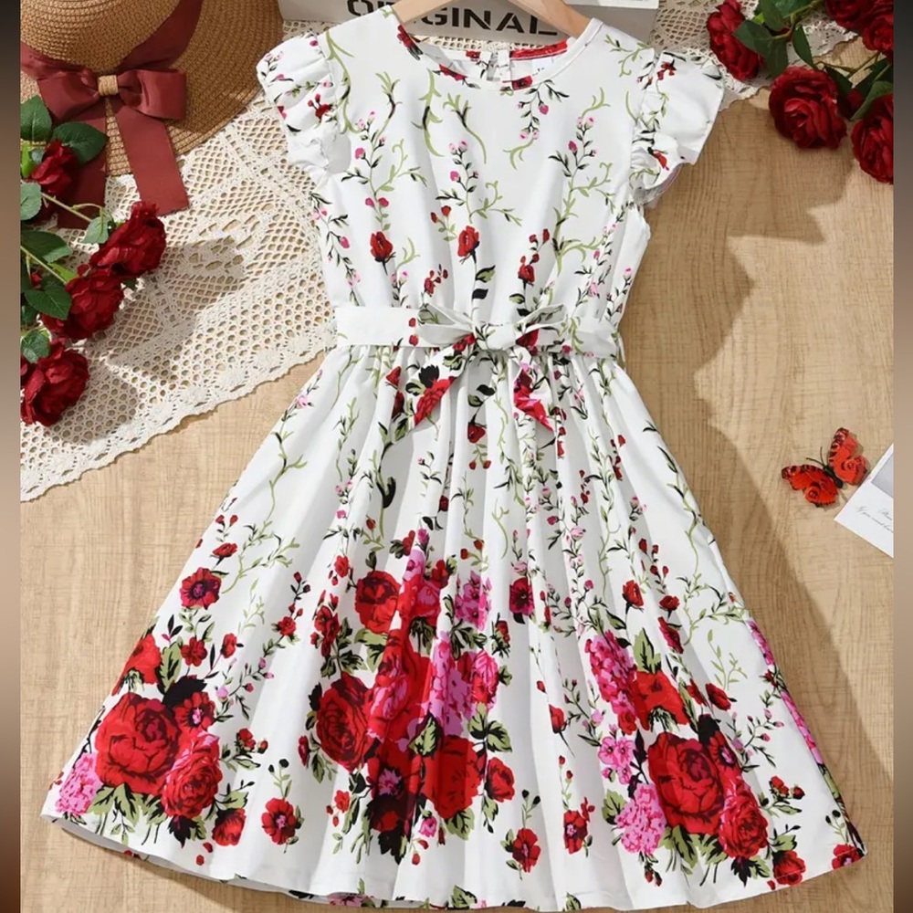 🌵.  Sweet Girls Flora Graphic Ruffle Trim Sleeveless Dress. NWOT‎